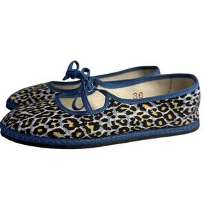 Anthropologie Italy‎ Vibi Venezia Brigitte Mary Jane Tie Flats Blue Leopard 36/6